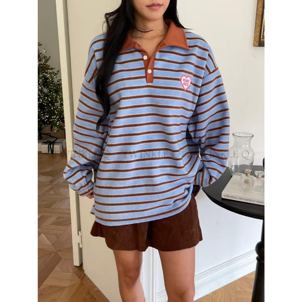 🎀TwinkleQ韓國代購BUY好物-預購✈️正韓🇰🇷 長袖上衣 心型 翻領 條紋 寬鬆上衣 落肩 長袖t恤-細節圖2