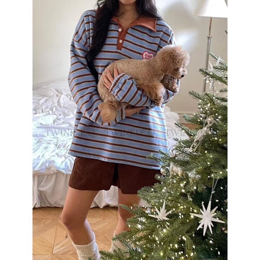 🎀TwinkleQ韓國代購BUY好物-預購✈️正韓🇰🇷 長袖上衣 心型 翻領 條紋 寬鬆上衣 落肩 長袖t恤-細節圖4