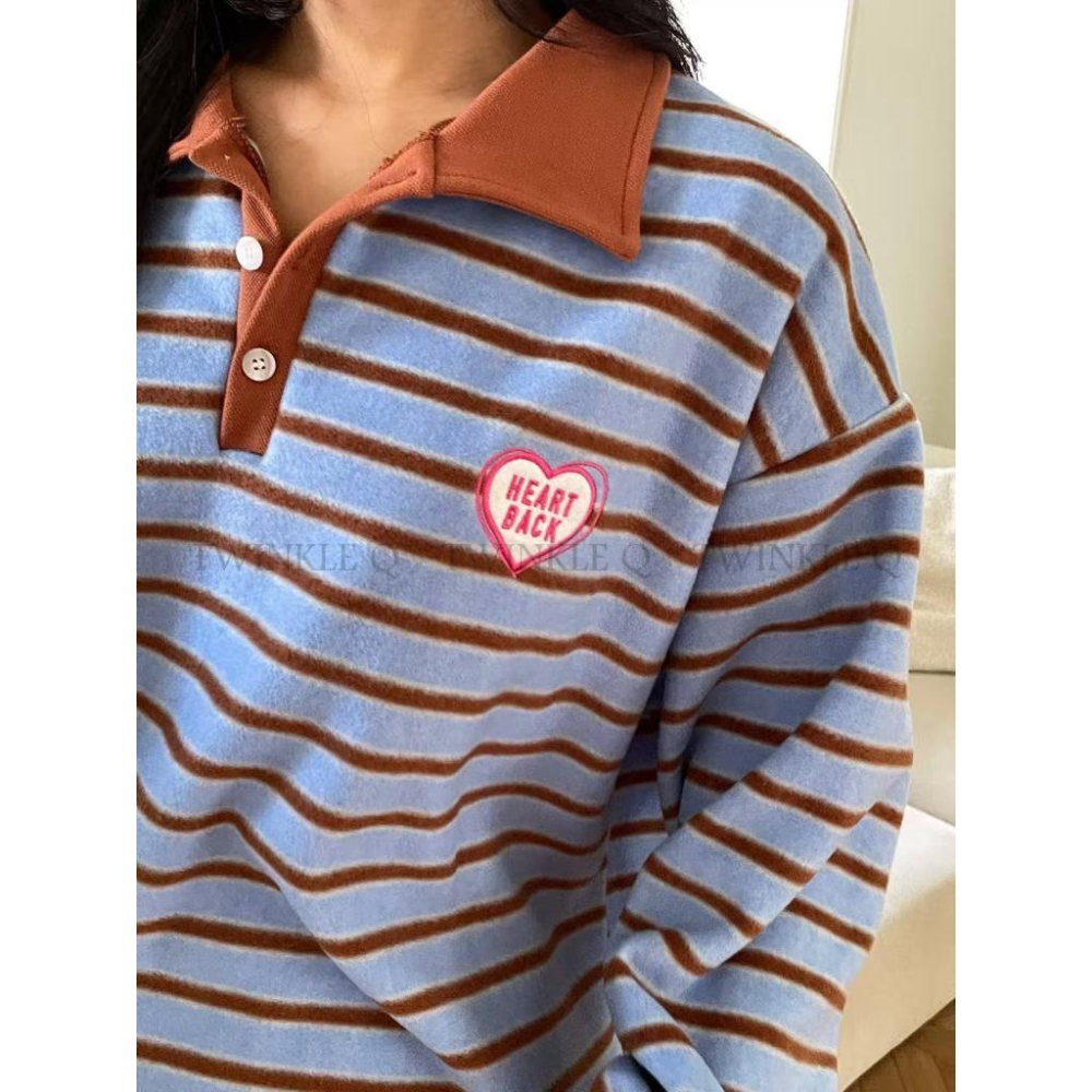 🎀TwinkleQ韓國代購BUY好物-預購✈️正韓🇰🇷 長袖上衣 心型 翻領 條紋 寬鬆上衣 落肩 長袖t恤-細節圖5