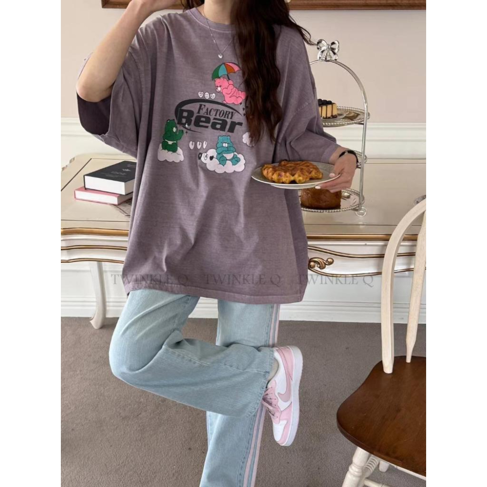🎀 Twinkle Q韓國代購BUY好物-預購✈️正韓🇰🇷 短袖t恤 彩虹熊 雨傘 圖案 水洗 短t 休閒上衣 t恤-細節圖3
