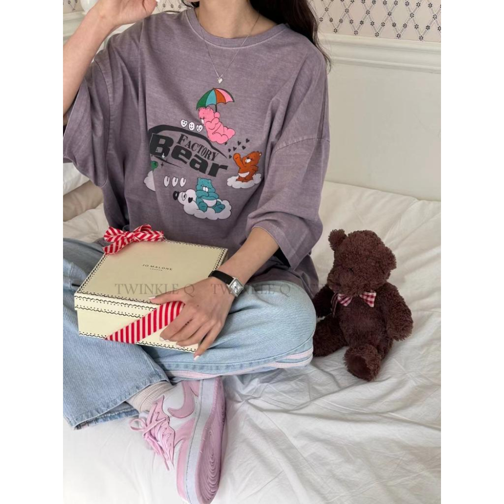 🎀 Twinkle Q韓國代購BUY好物-預購✈️正韓🇰🇷 短袖t恤 彩虹熊 雨傘 圖案 水洗 短t 休閒上衣 t恤-細節圖4