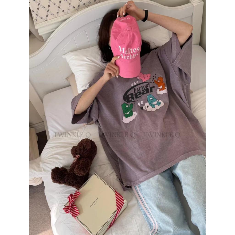 🎀 Twinkle Q韓國代購BUY好物-預購✈️正韓🇰🇷 短袖t恤 彩虹熊 雨傘 圖案 水洗 短t 休閒上衣 t恤-細節圖5