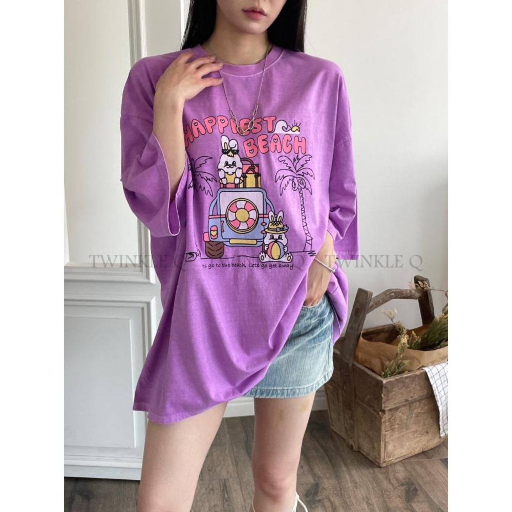 🎀TwinkleQ韓國代購BUY好物-預購✈️正韓🇰🇷 短袖t恤 愛心 小兔兔 可愛字母圖案印花 水洗t恤 寬鬆落肩短t-細節圖3