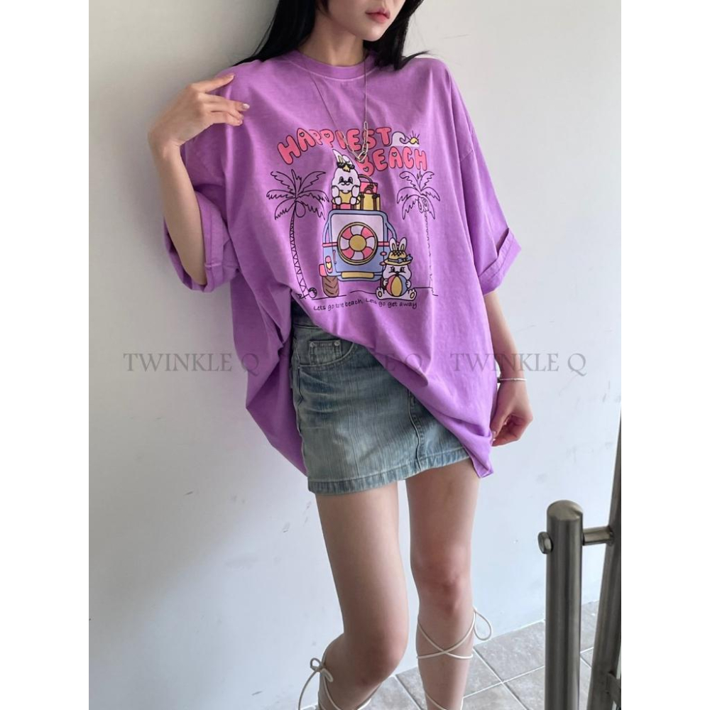 🎀TwinkleQ韓國代購BUY好物-預購✈️正韓🇰🇷 短袖t恤 愛心 小兔兔 可愛字母圖案印花 水洗t恤 寬鬆落肩短t-細節圖4