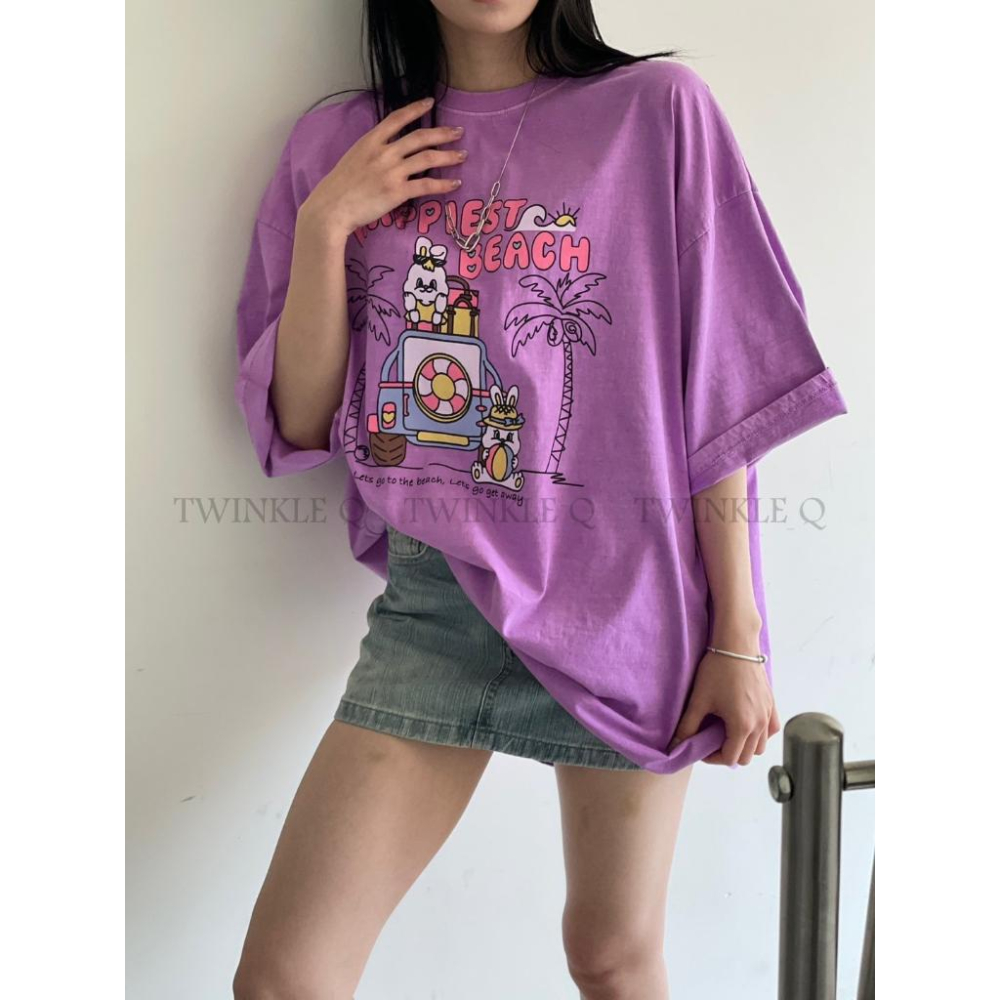 🎀TwinkleQ韓國代購BUY好物-預購✈️正韓🇰🇷 短袖t恤 愛心 小兔兔 可愛字母圖案印花 水洗t恤 寬鬆落肩短t-細節圖5