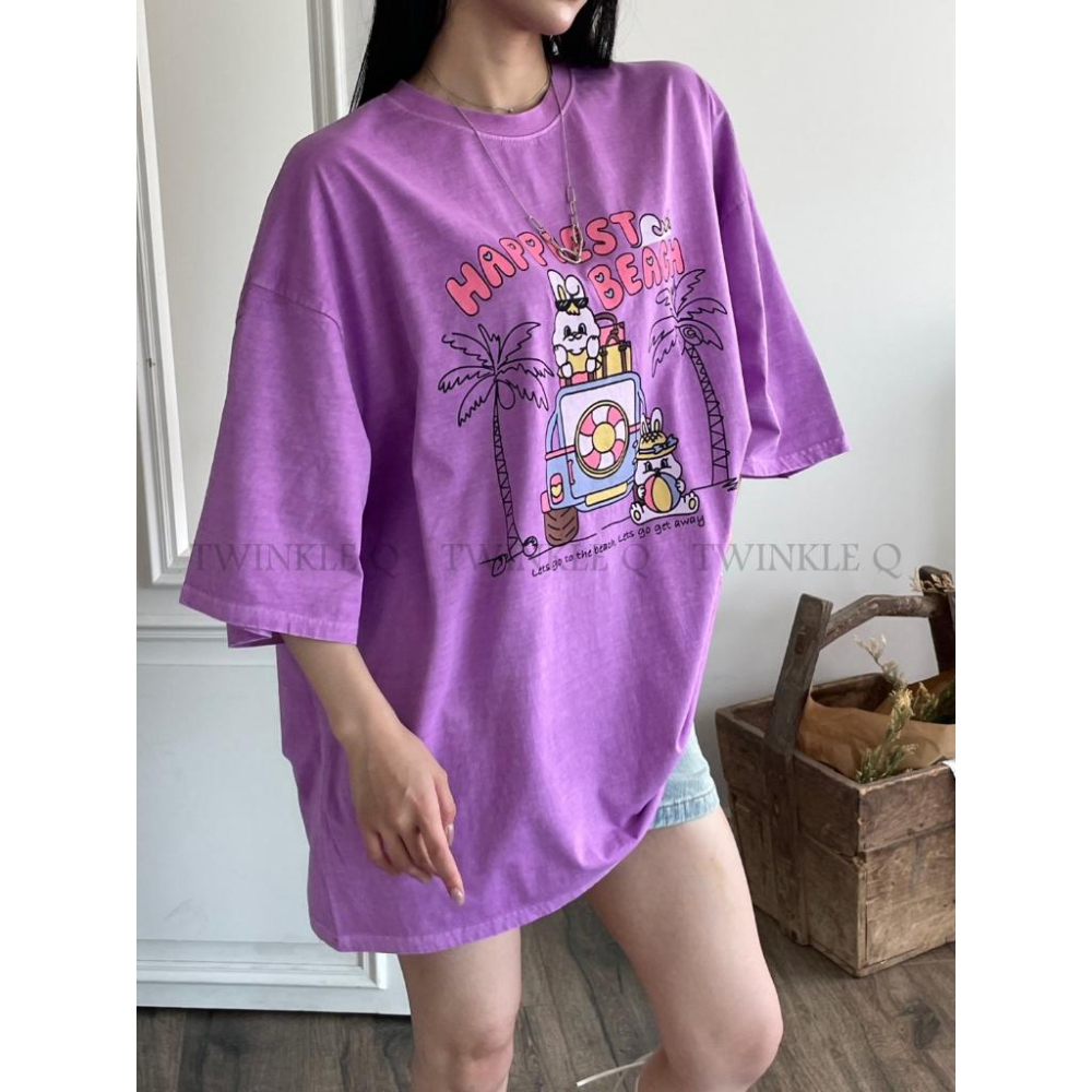 🎀TwinkleQ韓國代購BUY好物-預購✈️正韓🇰🇷 短袖t恤 愛心 小兔兔 可愛字母圖案印花 水洗t恤 寬鬆落肩短t-細節圖6