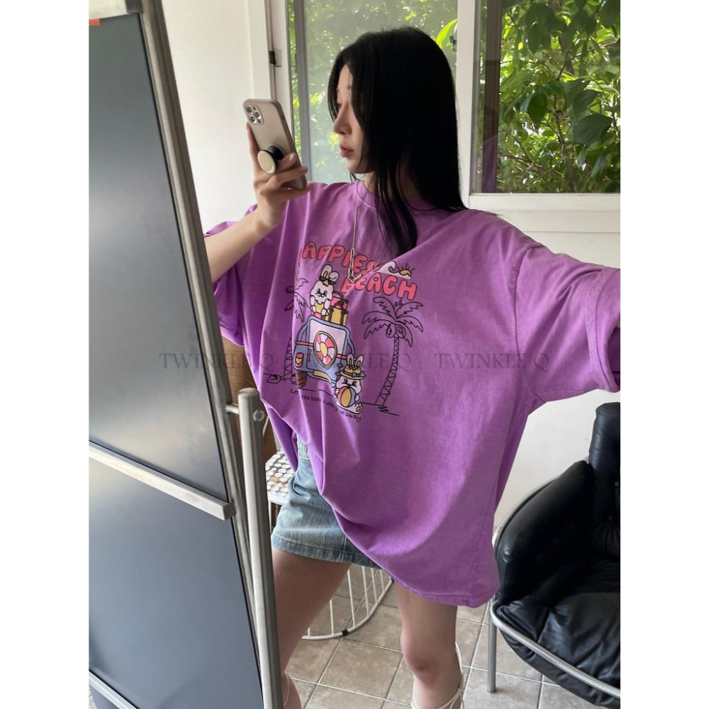 🎀TwinkleQ韓國代購BUY好物-預購✈️正韓🇰🇷 短袖t恤 愛心 小兔兔 可愛字母圖案印花 水洗t恤 寬鬆落肩短t-細節圖7
