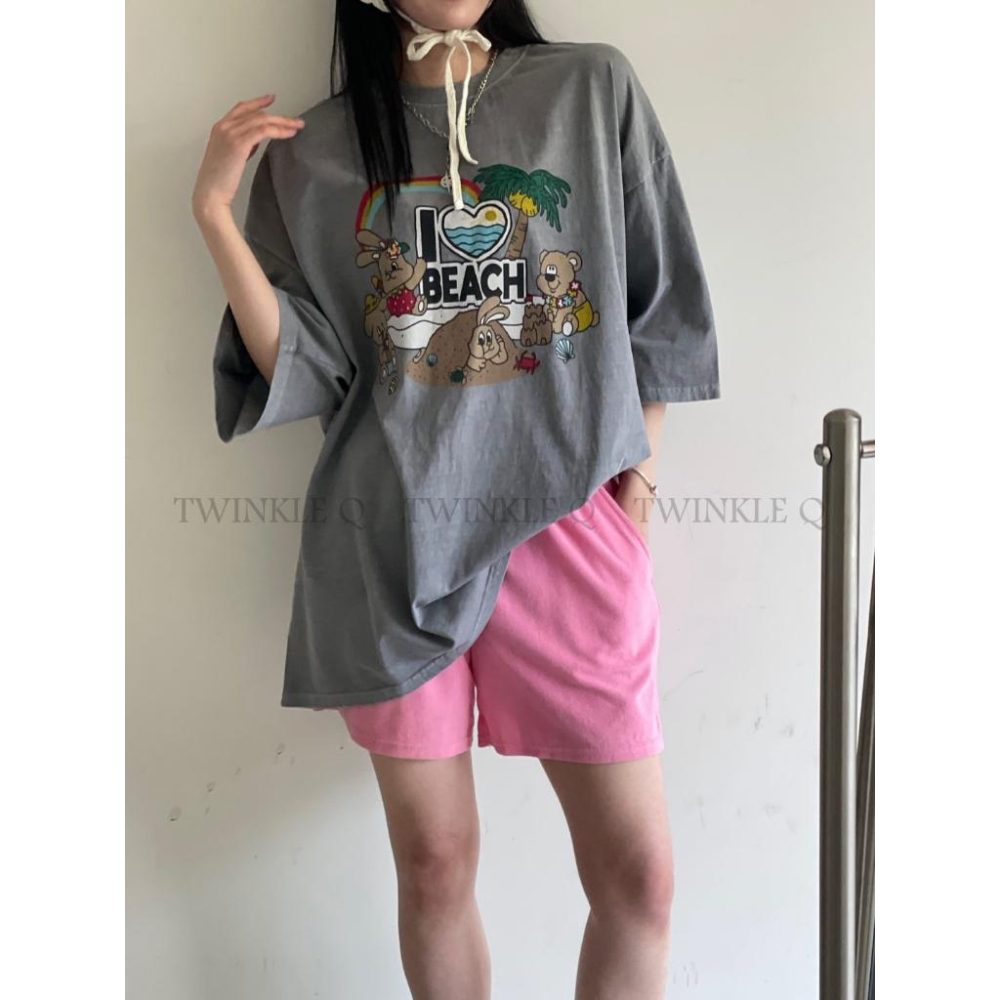 🎀TwinkleQ韓國代購BUY好物-預購✈️正韓🇰🇷 短袖t恤 彩虹 海灘 小兔兔 水洗t恤 寬鬆 落肩上衣 休閒短t-細節圖2