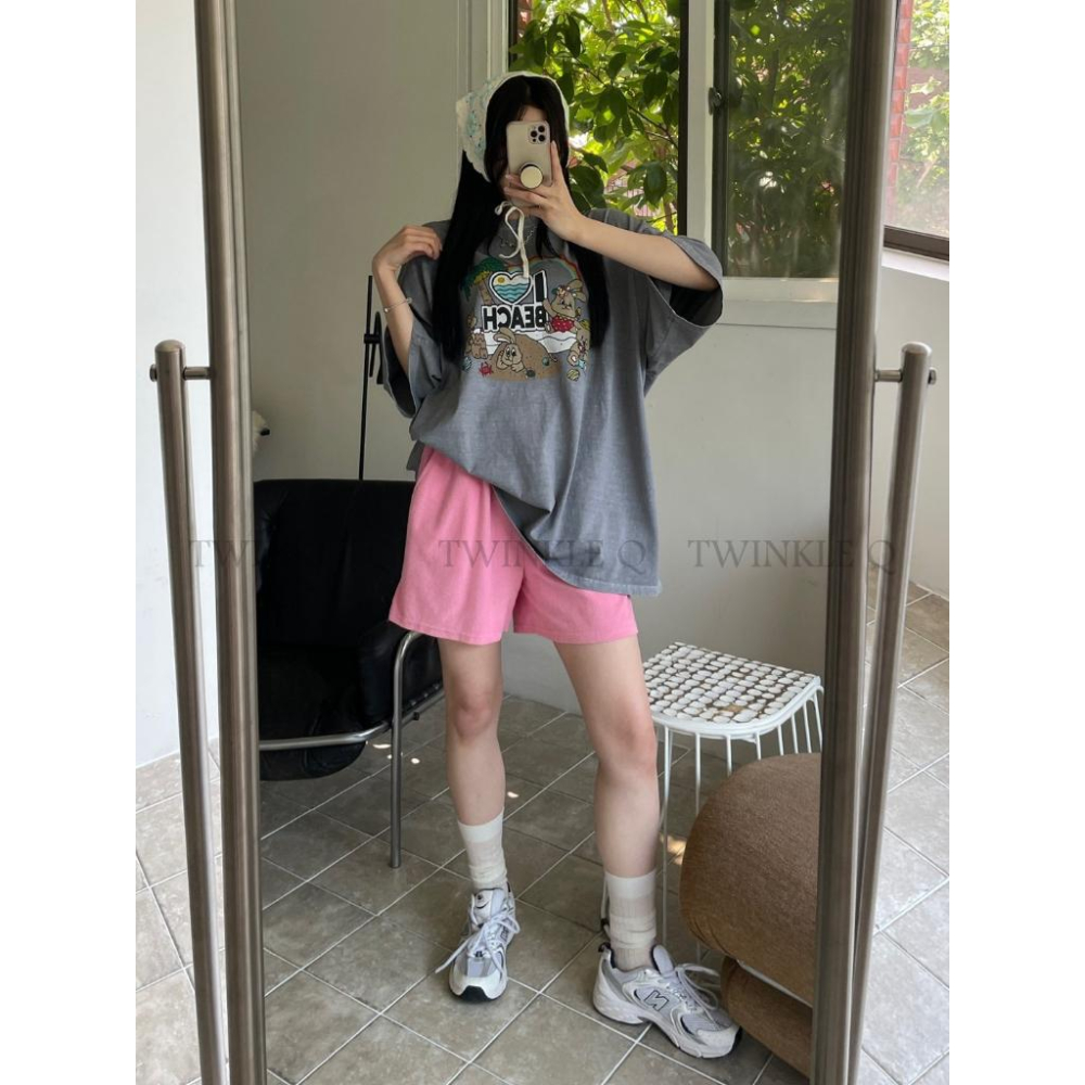 🎀TwinkleQ韓國代購BUY好物-預購✈️正韓🇰🇷 短袖t恤 彩虹 海灘 小兔兔 水洗t恤 寬鬆 落肩上衣 休閒短t-細節圖3