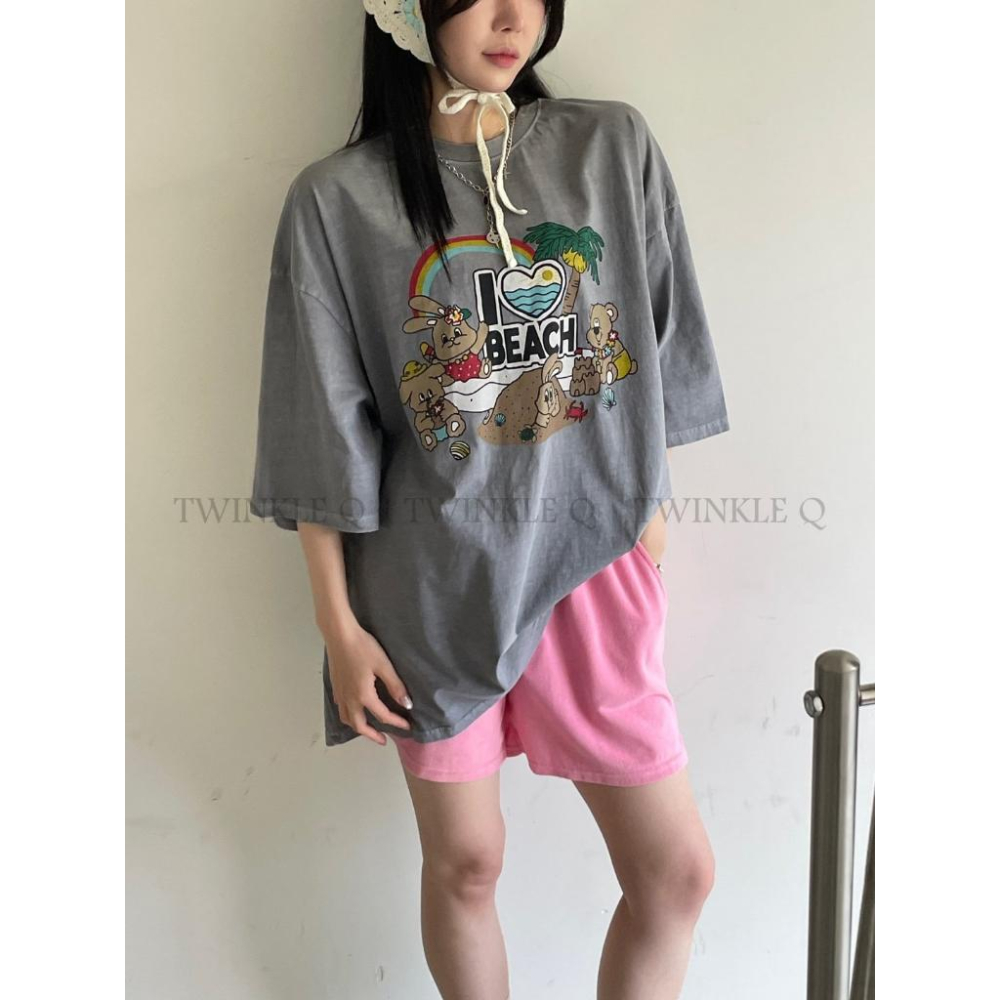 🎀TwinkleQ韓國代購BUY好物-預購✈️正韓🇰🇷 短袖t恤 彩虹 海灘 小兔兔 水洗t恤 寬鬆 落肩上衣 休閒短t-細節圖6