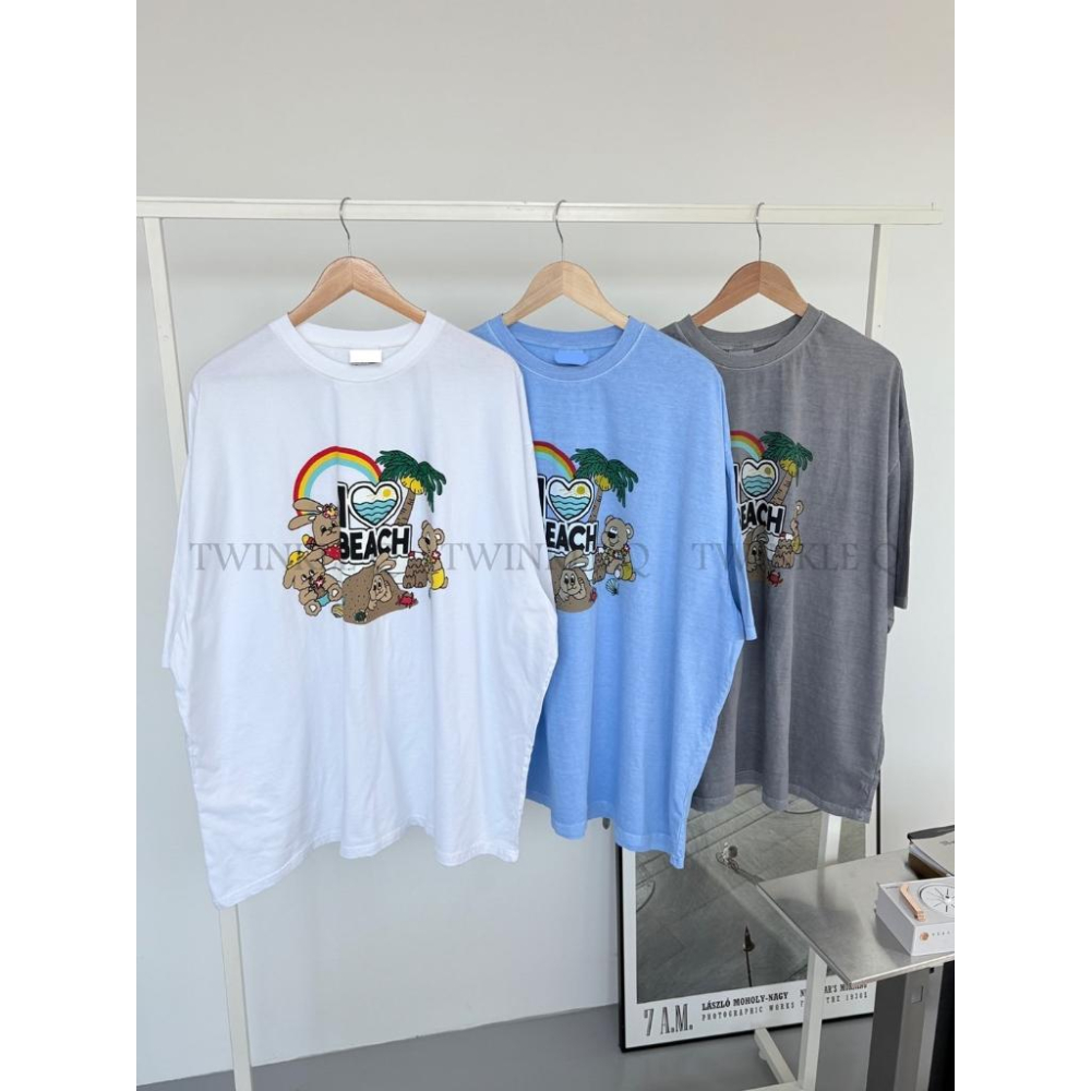 🎀TwinkleQ韓國代購BUY好物-預購✈️正韓🇰🇷 短袖t恤 彩虹 海灘 小兔兔 水洗t恤 寬鬆 落肩上衣 休閒短t-細節圖9