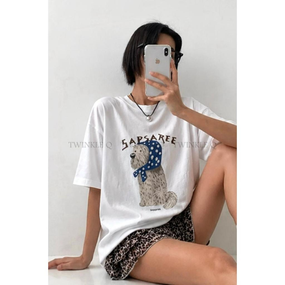 🎀TwinkleQ韓國代購BUY好物-預購✈️正韓🇰🇷 短袖t恤 頭巾狗狗 印花 落肩寬鬆 韓國t恤 上衣 短t-細節圖2