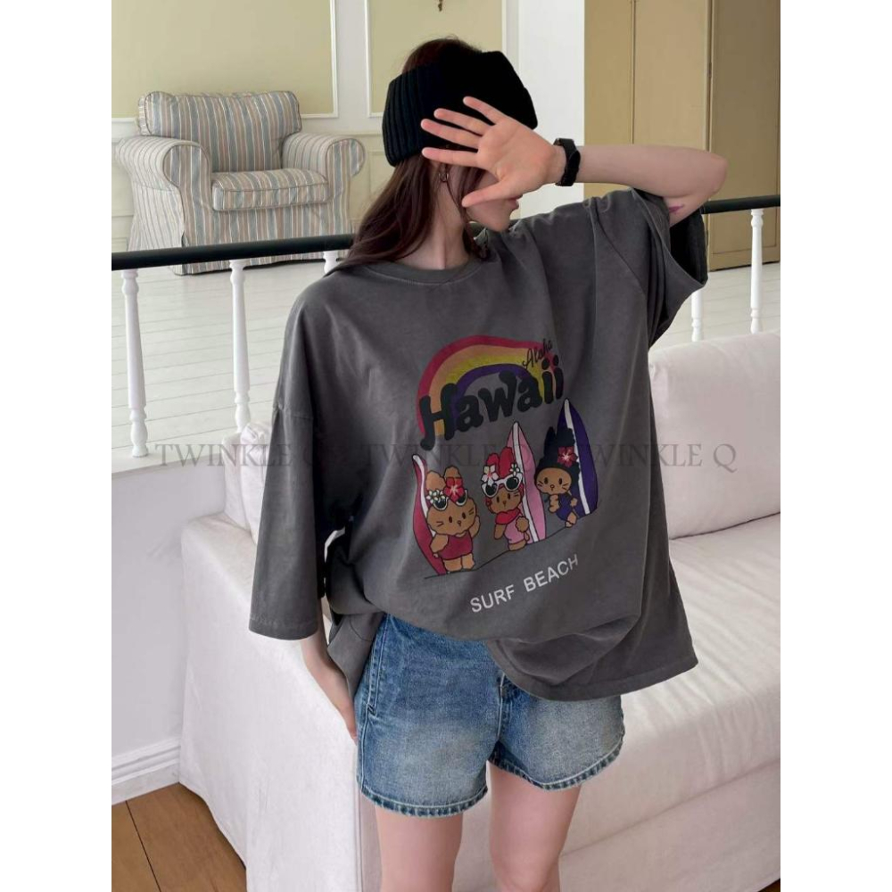 🎀TwinkleQ韓國代購BUY好物-預購✈️正韓🇰🇷 短袖t恤 夏威夷 可愛兔兔 彩虹 印花 水洗t恤 寬鬆 短t-細節圖2