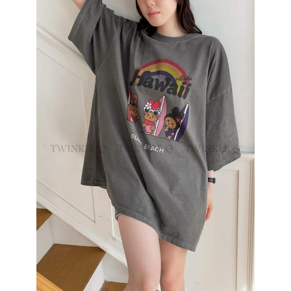 🎀TwinkleQ韓國代購BUY好物-預購✈️正韓🇰🇷 短袖t恤 夏威夷 可愛兔兔 彩虹 印花 水洗t恤 寬鬆 短t-細節圖3