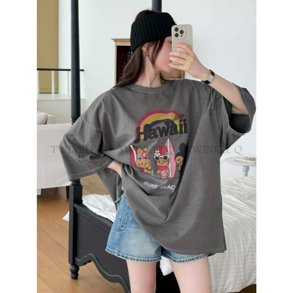 🎀TwinkleQ韓國代購BUY好物-預購✈️正韓🇰🇷 短袖t恤 夏威夷 可愛兔兔 彩虹 印花 水洗t恤 寬鬆 短t-細節圖4