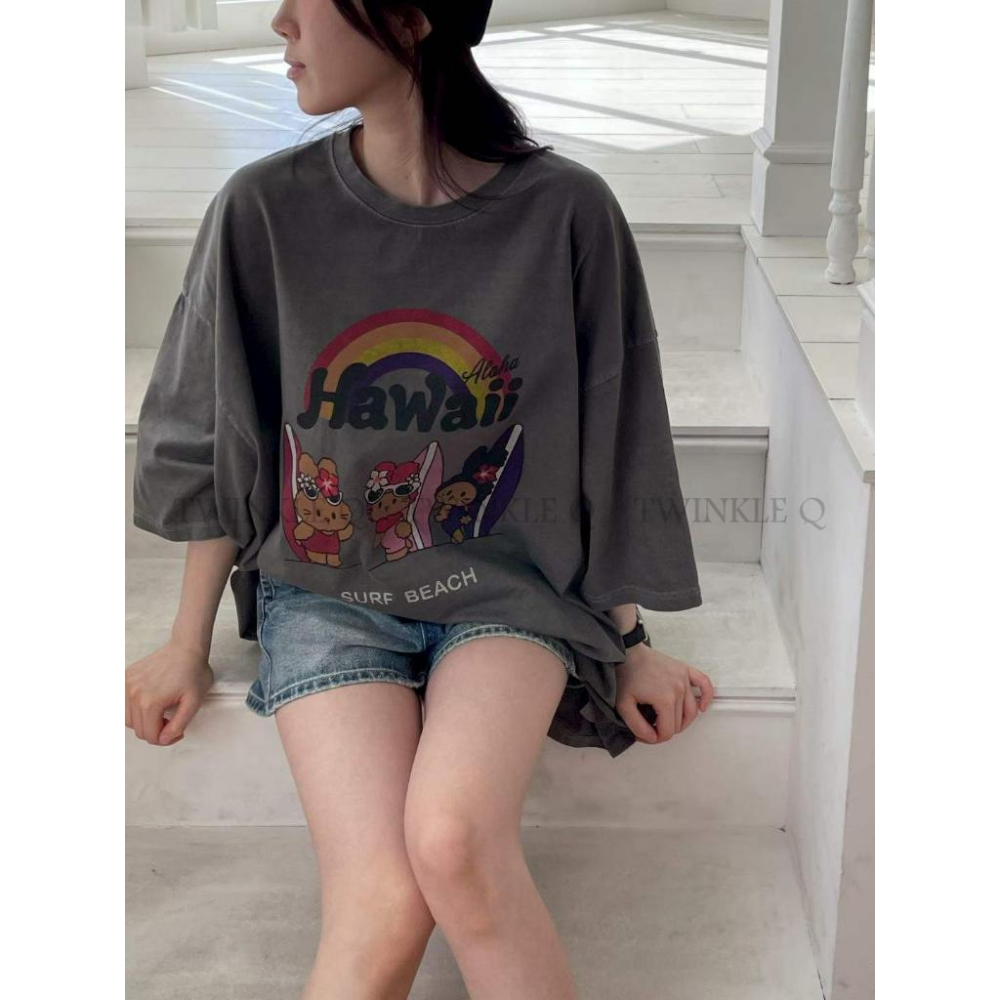 🎀TwinkleQ韓國代購BUY好物-預購✈️正韓🇰🇷 短袖t恤 夏威夷 可愛兔兔 彩虹 印花 水洗t恤 寬鬆 短t-細節圖5