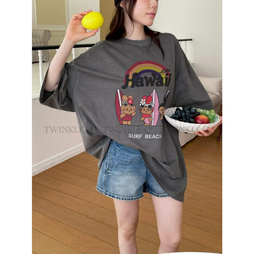 🎀TwinkleQ韓國代購BUY好物-預購✈️正韓🇰🇷 短袖t恤 夏威夷 可愛兔兔 彩虹 印花 水洗t恤 寬鬆 短t-細節圖6