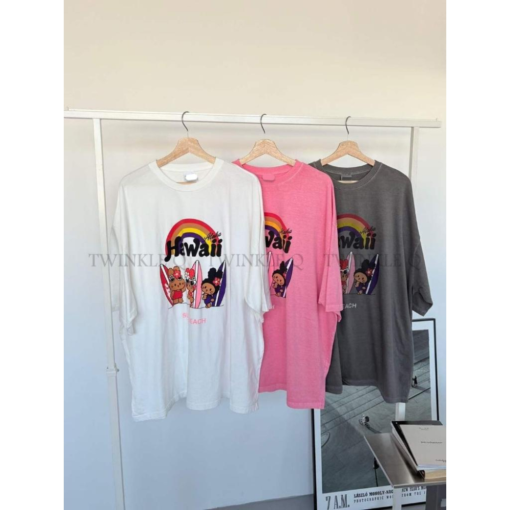 🎀TwinkleQ韓國代購BUY好物-預購✈️正韓🇰🇷 短袖t恤 夏威夷 可愛兔兔 彩虹 印花 水洗t恤 寬鬆 短t-細節圖7