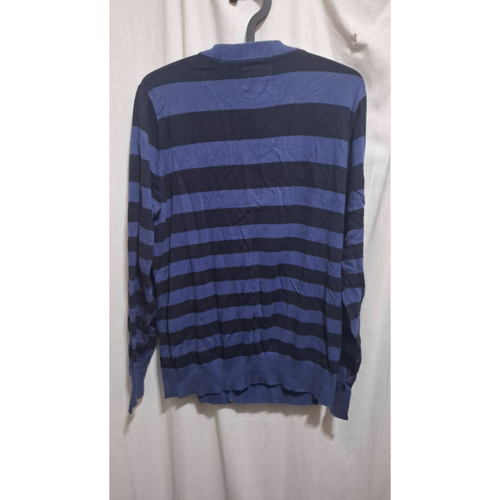 姜小舖L號lativ女用藍黑寬橫條紋棉質V領長袖前排扣長版小罩衫小外套 春秋 冷氣房 空調 防曬 歐美風 橫紋-細節圖2