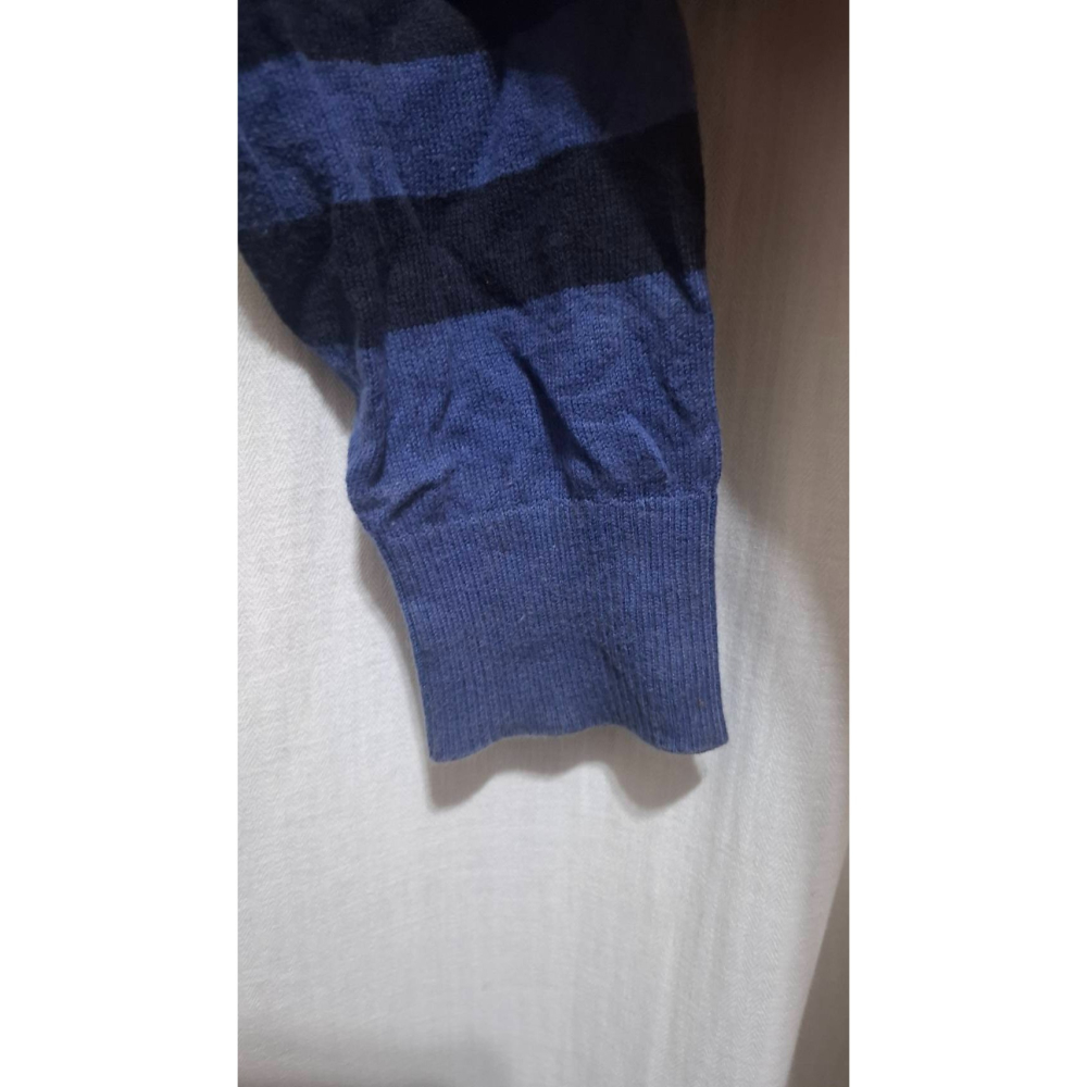 姜小舖L號lativ女用藍黑寬橫條紋棉質V領長袖前排扣長版小罩衫小外套 春秋 冷氣房 空調 防曬 歐美風 橫紋-細節圖5