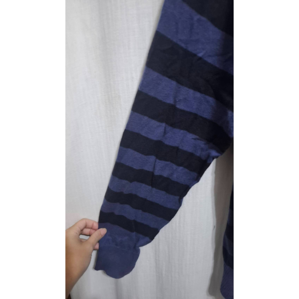 姜小舖L號lativ女用藍黑寬橫條紋棉質V領長袖前排扣長版小罩衫小外套 春秋 冷氣房 空調 防曬 歐美風 橫紋-細節圖6