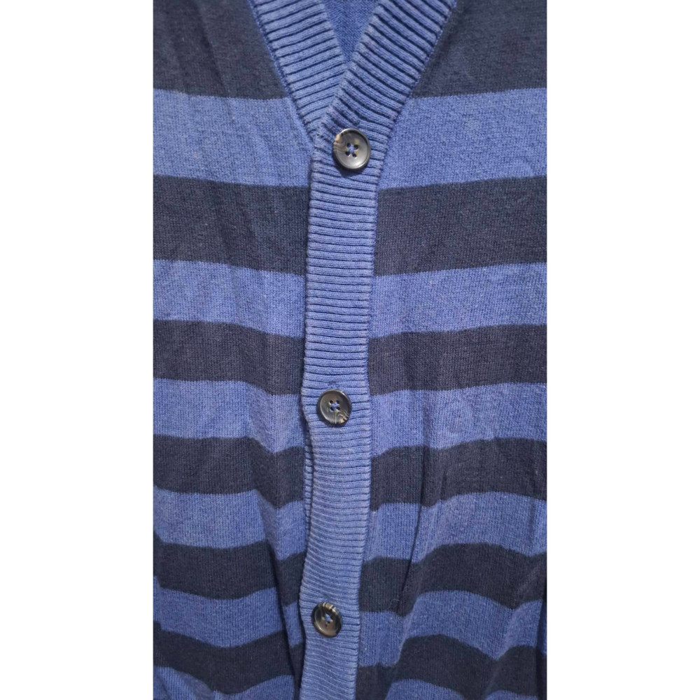 姜小舖L號lativ女用藍黑寬橫條紋棉質V領長袖前排扣長版小罩衫小外套 春秋 冷氣房 空調 防曬 歐美風 橫紋-細節圖7