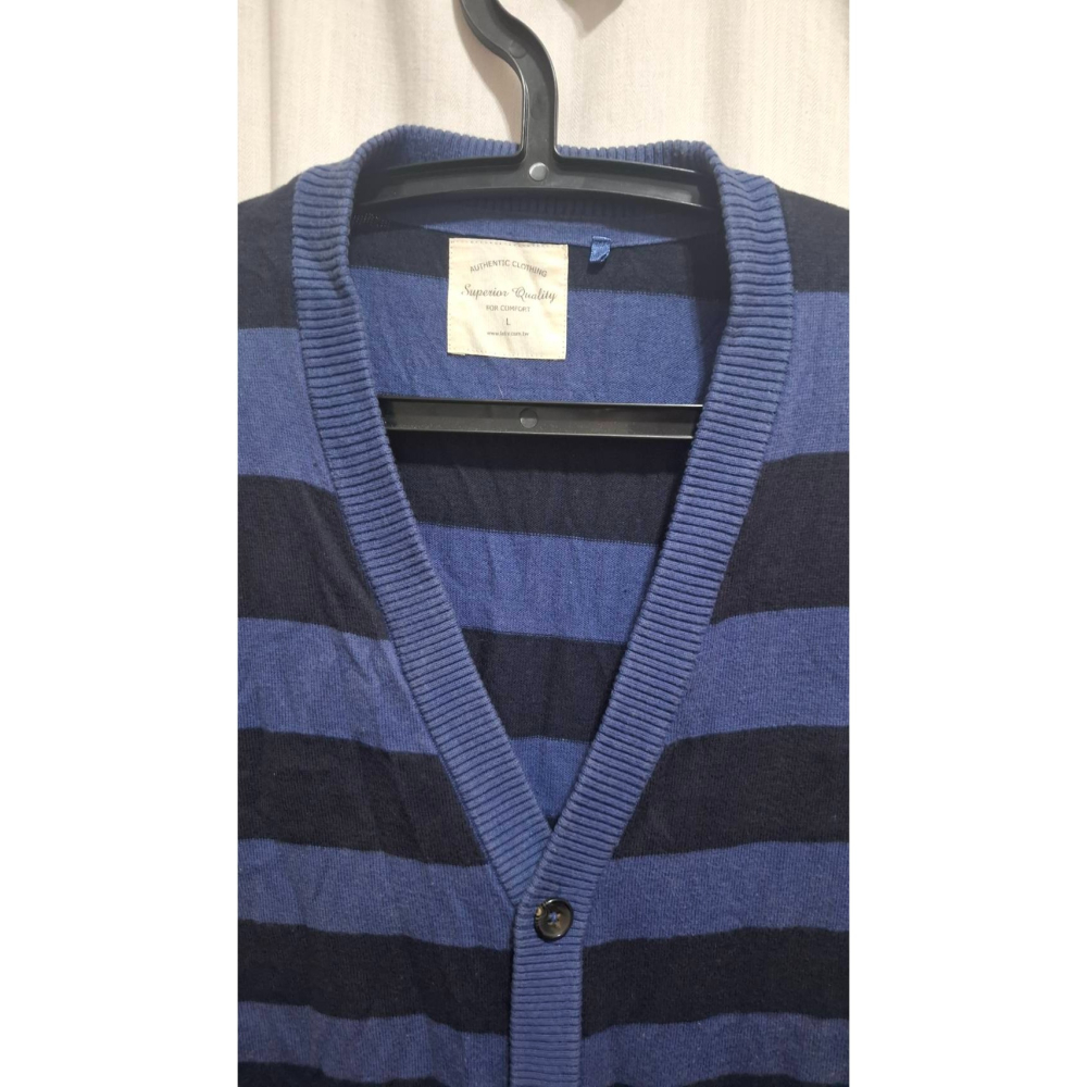 姜小舖L號lativ女用藍黑寬橫條紋棉質V領長袖前排扣長版小罩衫小外套 春秋 冷氣房 空調 防曬 歐美風 橫紋-細節圖9