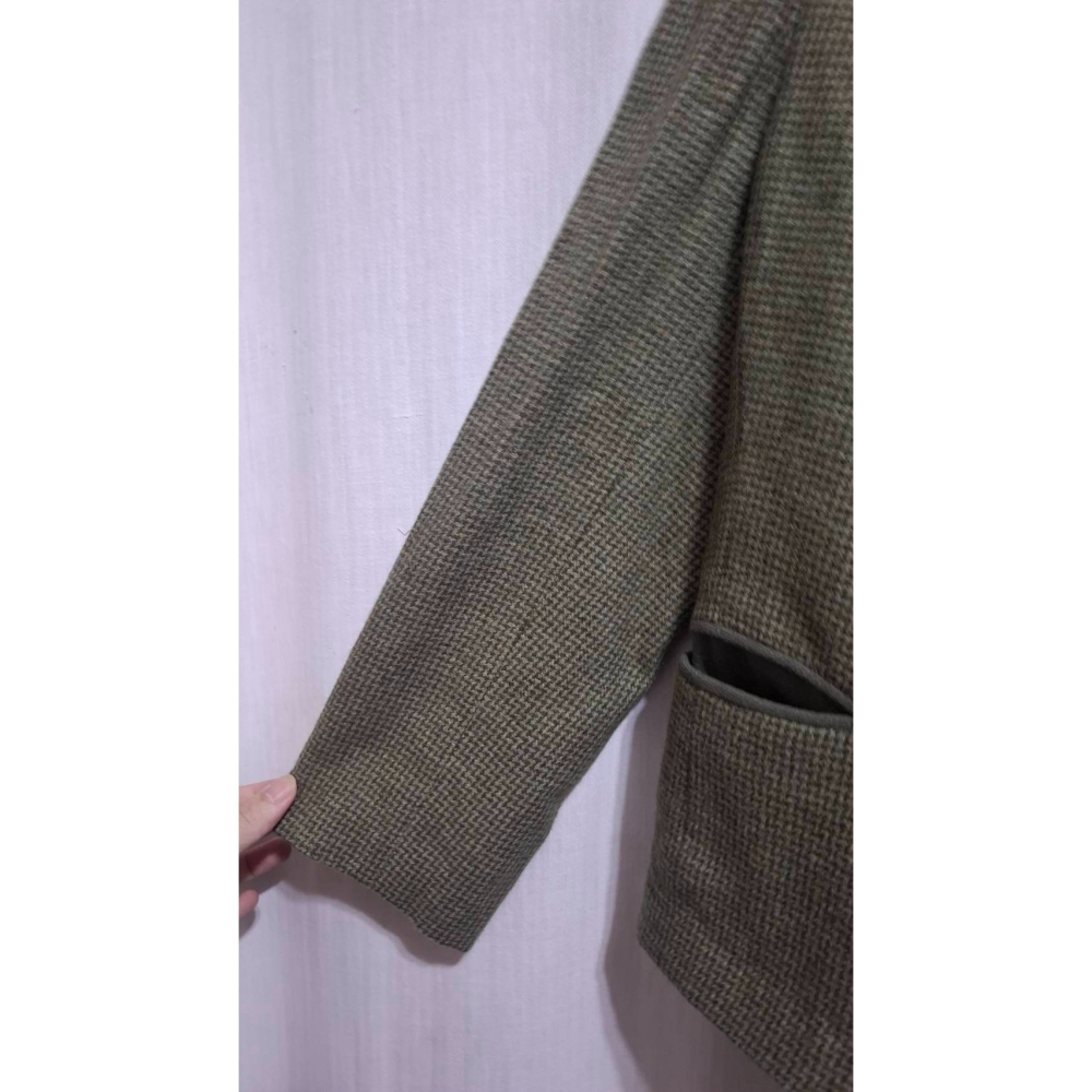 姜小舖S號Hun Chi古著女用綠色毛料格紋長袖前開襟外套 復古精緻別針 冬季保暖 秋冬 西裝外套 懷舊 格子 方塊格-細節圖8