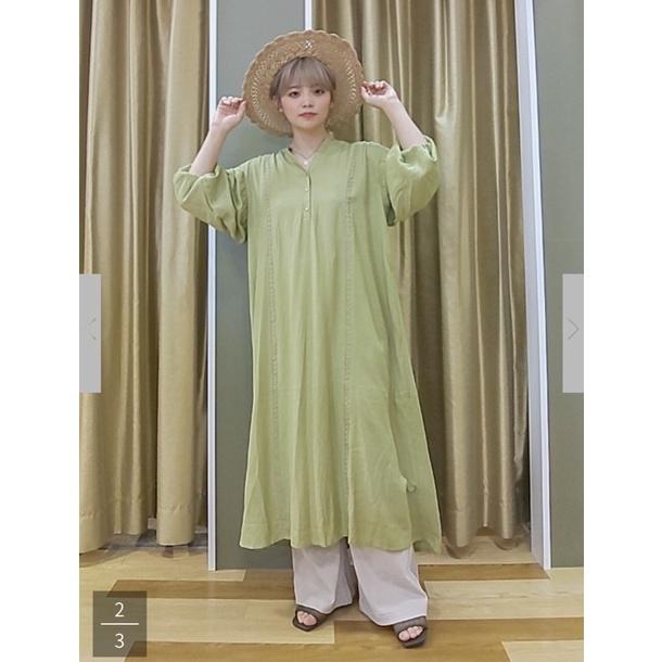 二手 綠 Ookini greenparks日本折扣季furry rate蕾絲點綴褶皺長洋裝-細節圖2