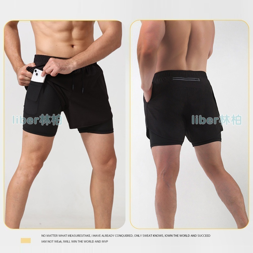 【林柏】夜晚跑步必備 速乾 內褲+短褲 假兩件 三分褲 夜晚反光條 雙層 健身短褲 運動短褲 男 跑步 馬拉松 田徑-細節圖2