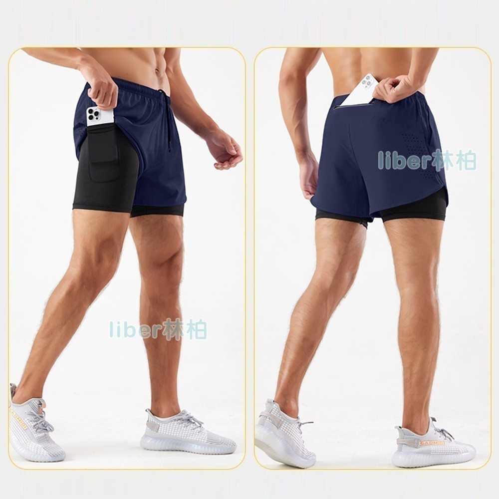 【林柏】夜晚跑步必備 速乾 內褲+短褲 假兩件 三分褲 夜晚反光條 雙層 健身短褲 運動短褲 男 跑步 馬拉松 田徑-細節圖4