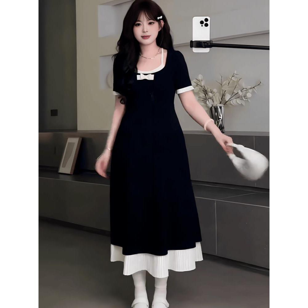 大尺碼法式假兩件設計感洋裝女夏季2025新款微胖mm收腰氣質小黑裙-細節圖2