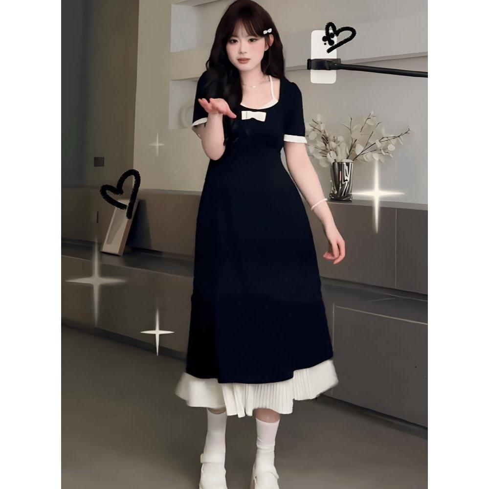 大尺碼法式假兩件設計感洋裝女夏季2025新款微胖mm收腰氣質小黑裙-細節圖3