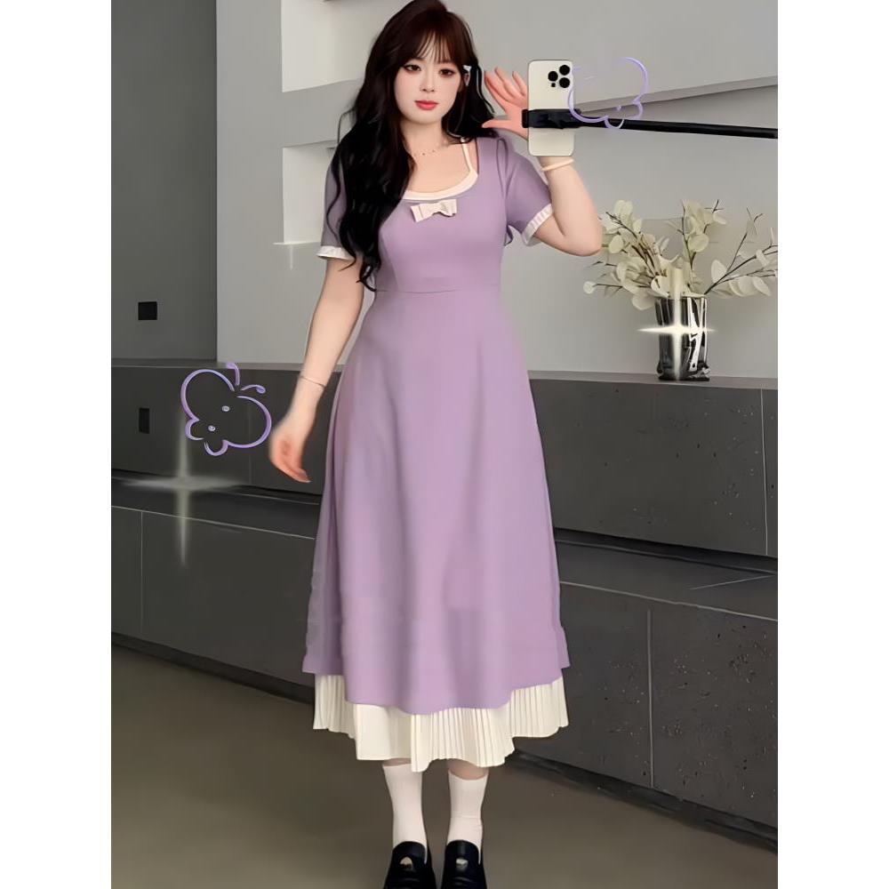 大尺碼法式假兩件設計感洋裝女夏季2025新款微胖mm收腰氣質小黑裙-細節圖4