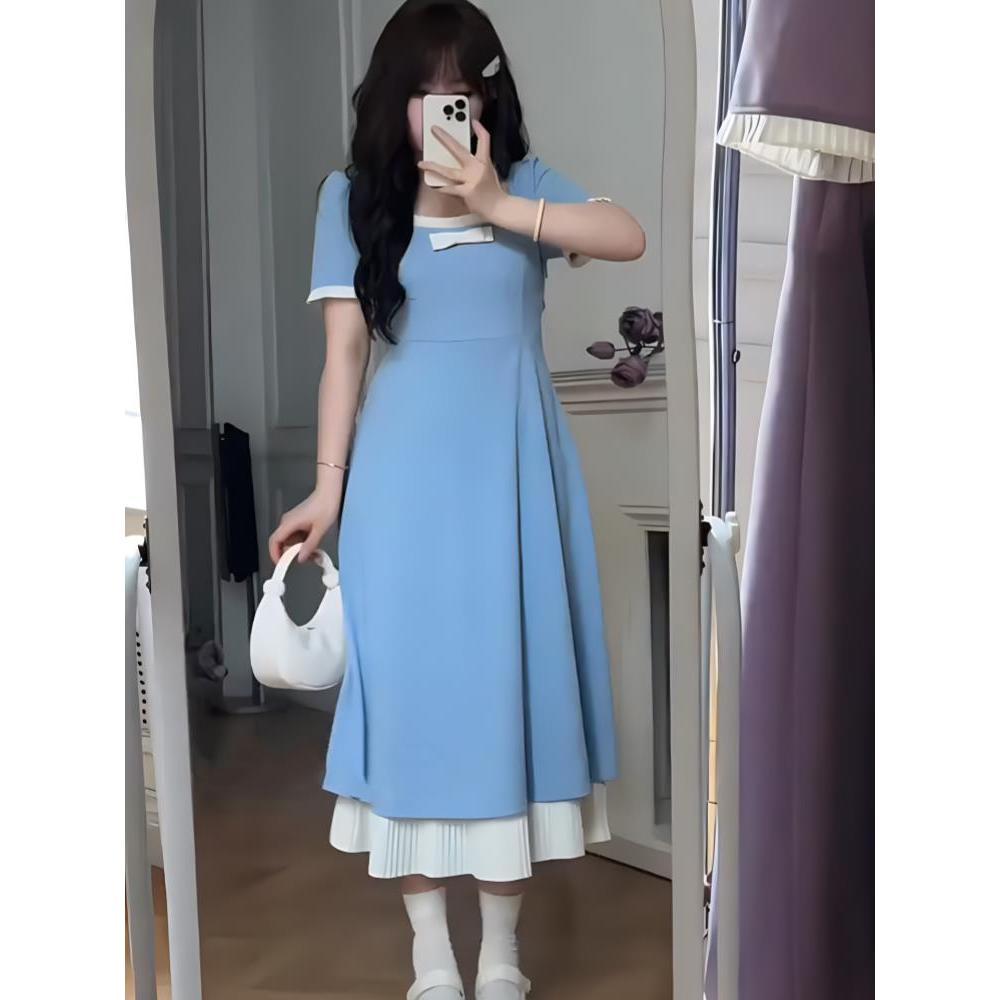 大尺碼法式假兩件設計感洋裝女夏季2025新款微胖mm收腰氣質小黑裙-細節圖5