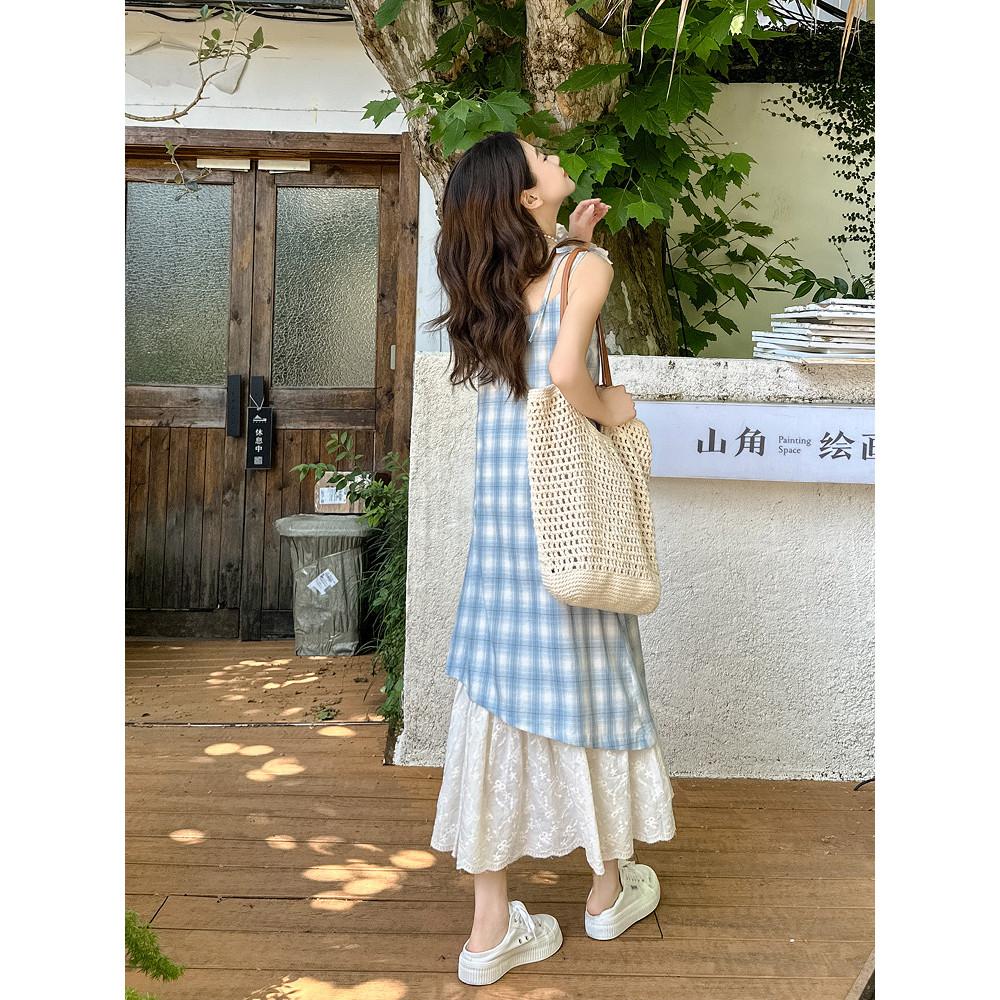 藍色格子吊帶裙洋裝女2025新款夏季假兩件海邊穿搭裙子度假長裙-細節圖2