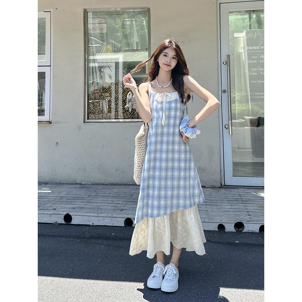 藍色格子吊帶裙洋裝女2025新款夏季假兩件海邊穿搭裙子度假長裙-細節圖4