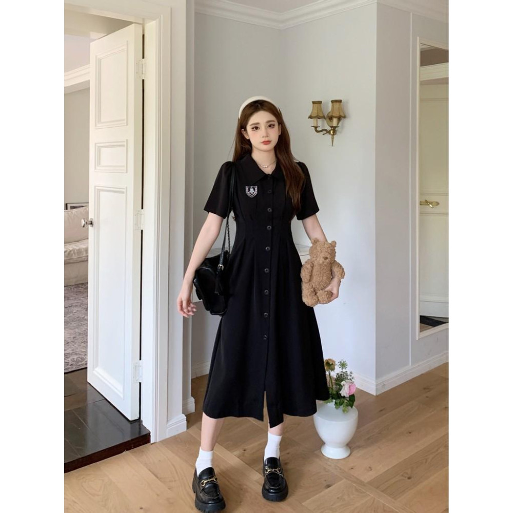 橘黃色的貓~大尺碼女裝胖mm夏季新款顯瘦收腰捏褶設計感洋裝子-細節圖2