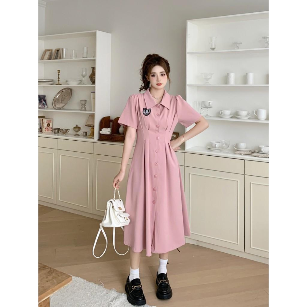 橘黃色的貓~大尺碼女裝胖mm夏季新款顯瘦收腰捏褶設計感洋裝子-細節圖3