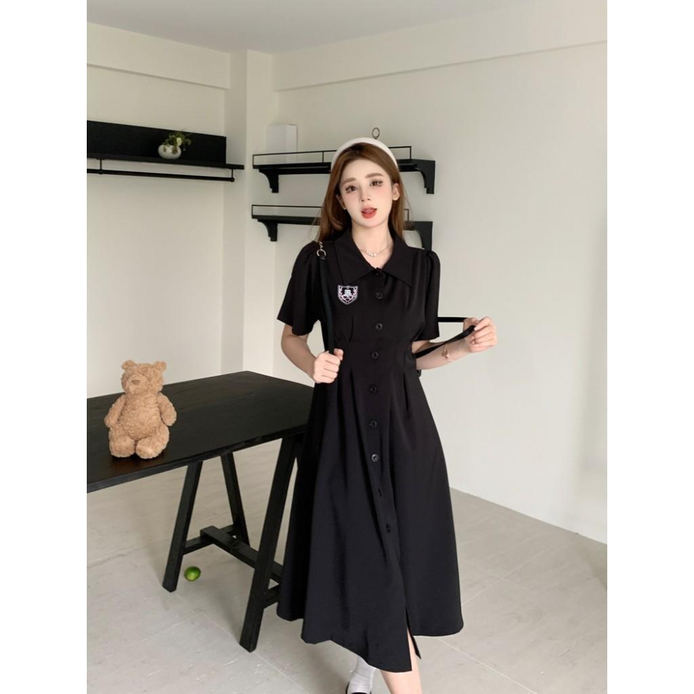 橘黃色的貓~大尺碼女裝胖mm夏季新款顯瘦收腰捏褶設計感洋裝子-細節圖4