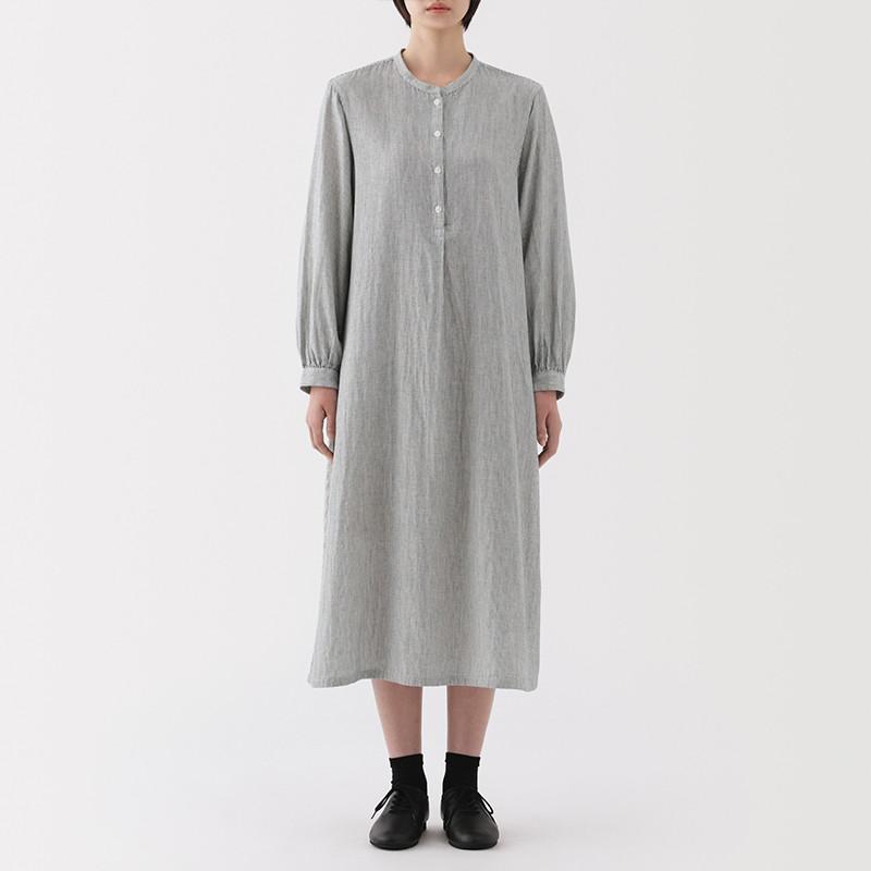 無印良品 MUJI 女版木棉混 雙層紗織長袖洋裝 女裝裙子春季-細節圖2