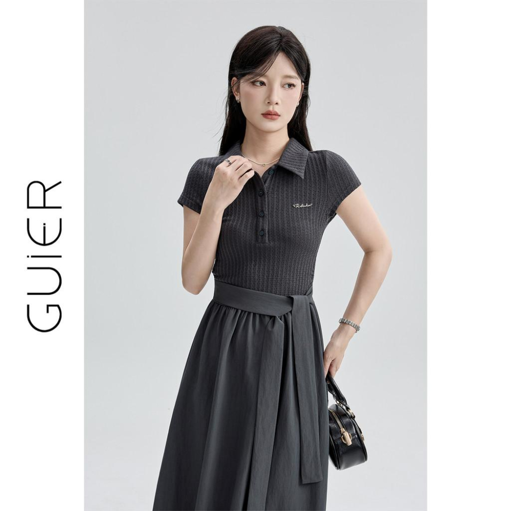 「GUIER」藍色掐腰洋裝女2025新款夏季華夫格拼接抽繩收腰長裙-細節圖2