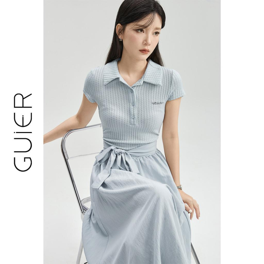 「GUIER」藍色掐腰洋裝女2025新款夏季華夫格拼接抽繩收腰長裙-細節圖3