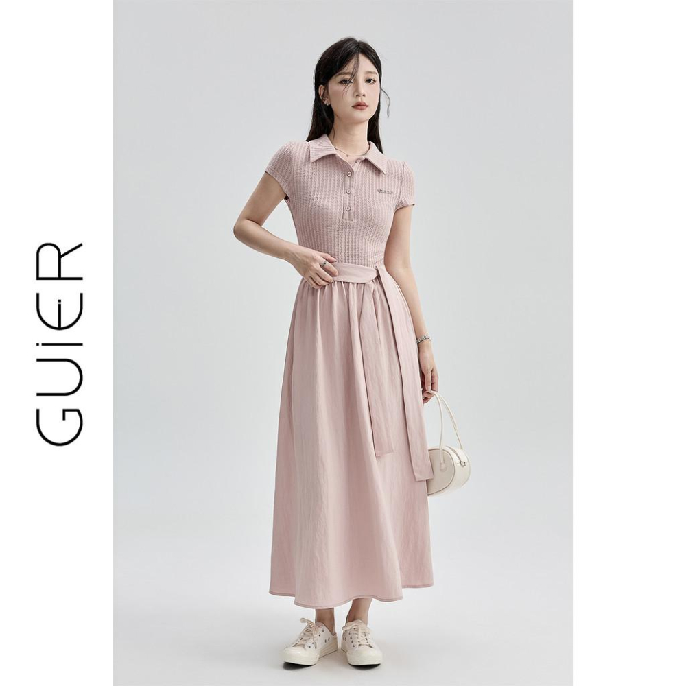 「GUIER」藍色掐腰洋裝女2025新款夏季華夫格拼接抽繩收腰長裙-細節圖4
