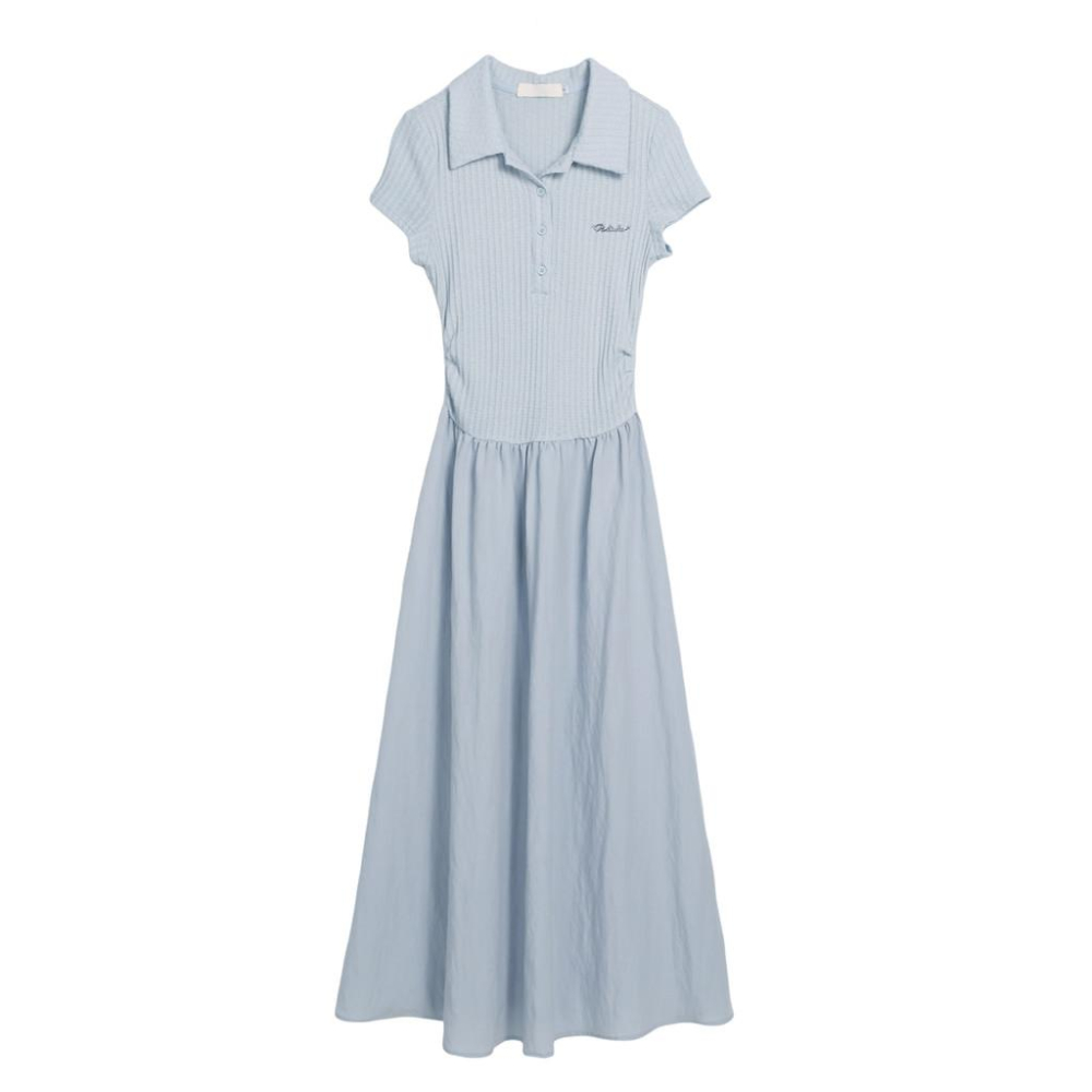 「GUIER」藍色掐腰洋裝女2025新款夏季華夫格拼接抽繩收腰長裙-細節圖5