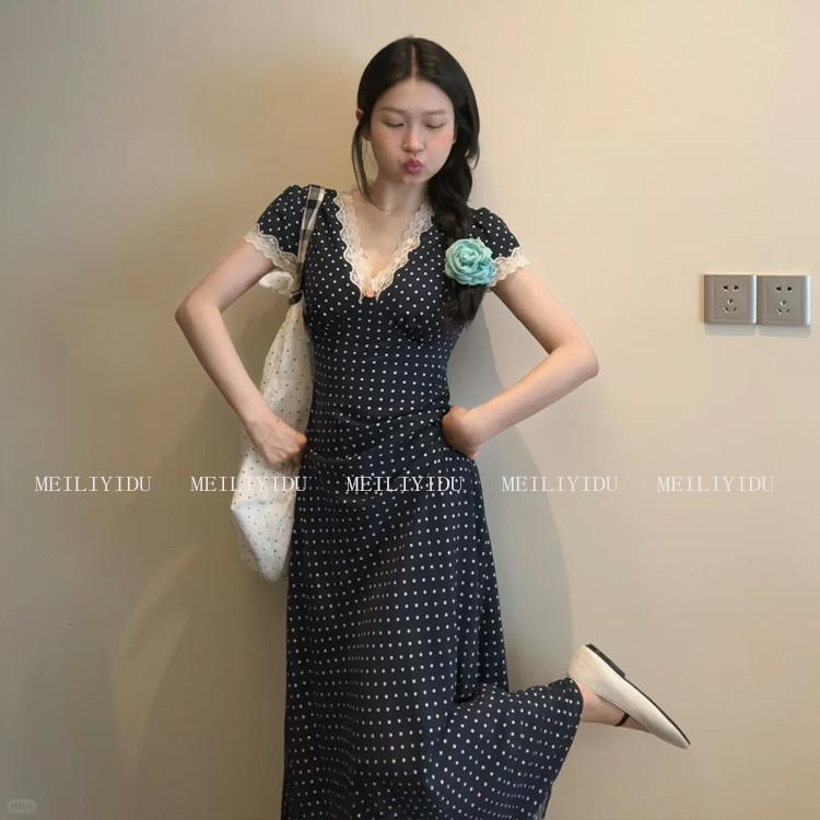 MLYD/訂製 大尺碼法式V領蕾絲拼接洋裝女波點氣質收腰顯瘦長裙子-細節圖2