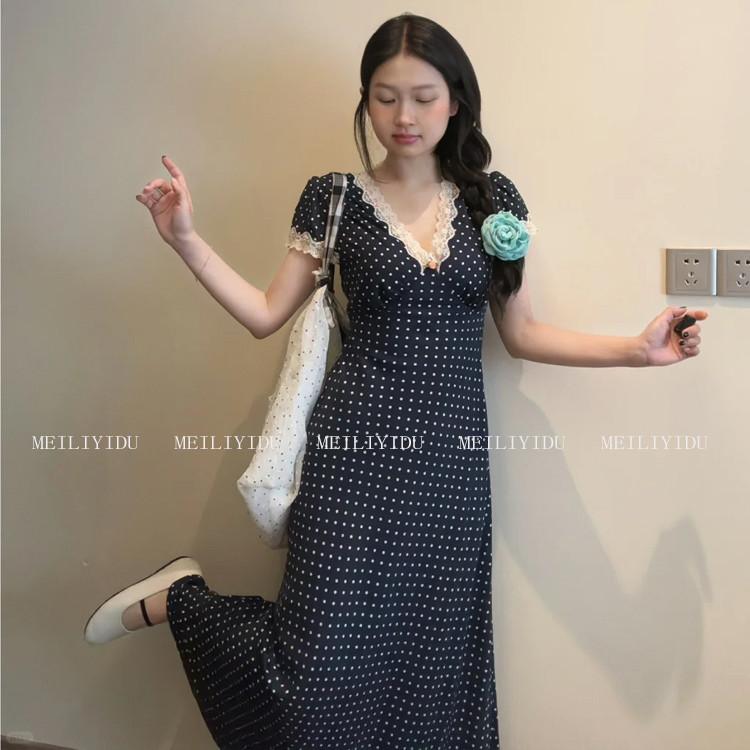 MLYD/訂製 大尺碼法式V領蕾絲拼接洋裝女波點氣質收腰顯瘦長裙子-細節圖3