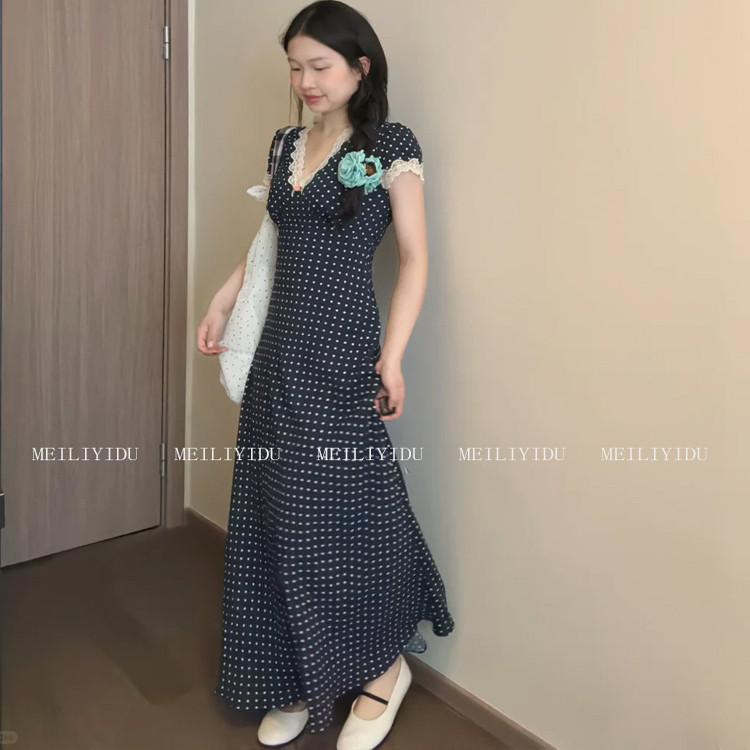 MLYD/訂製 大尺碼法式V領蕾絲拼接洋裝女波點氣質收腰顯瘦長裙子-細節圖4