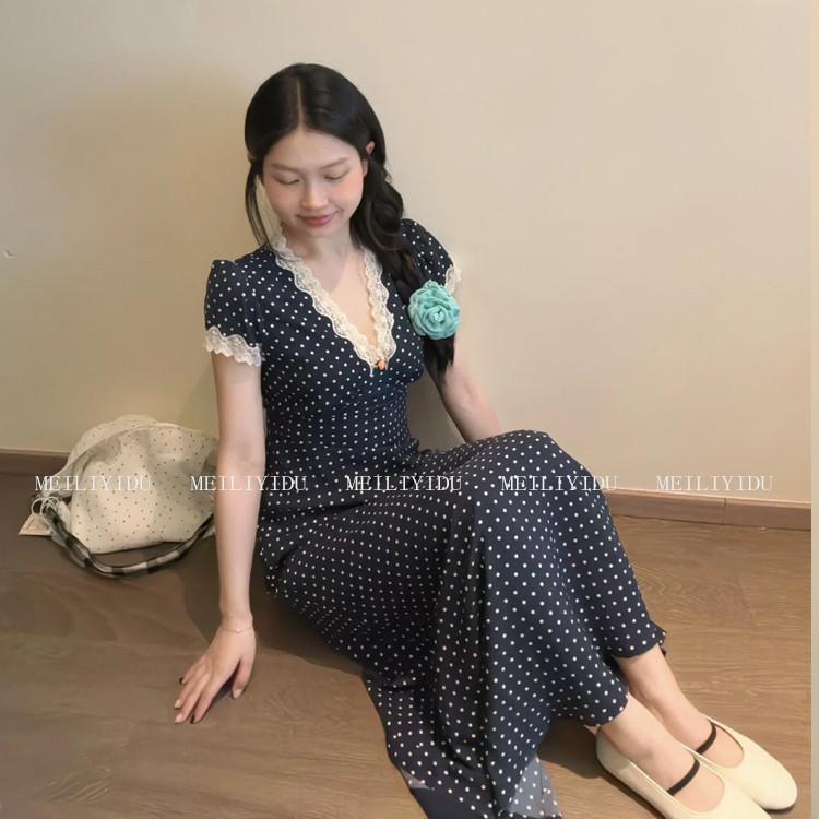 MLYD/訂製 大尺碼法式V領蕾絲拼接洋裝女波點氣質收腰顯瘦長裙子-細節圖5