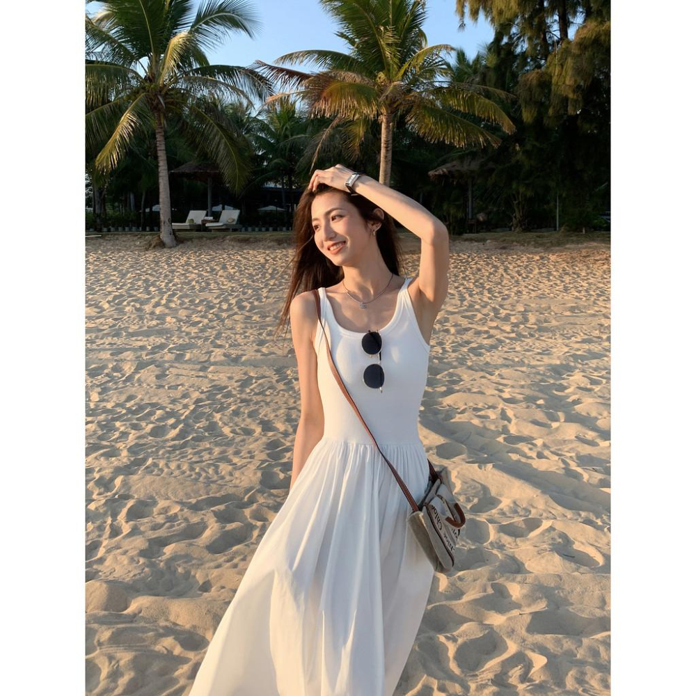 MULVAN白色針織吊帶洋裝女高級感氣質長裙收腰無袖背心裙子-細節圖3